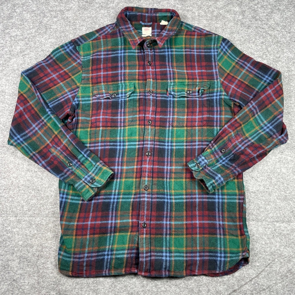 Levis Flannel Shirt Mens M Green Red Blue Relaxed Fit Plaid Long Sleeve Button